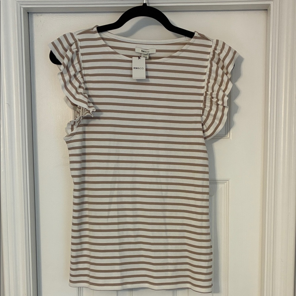 RW&Co Ruffle Sleeve Striped Top - Tan and White